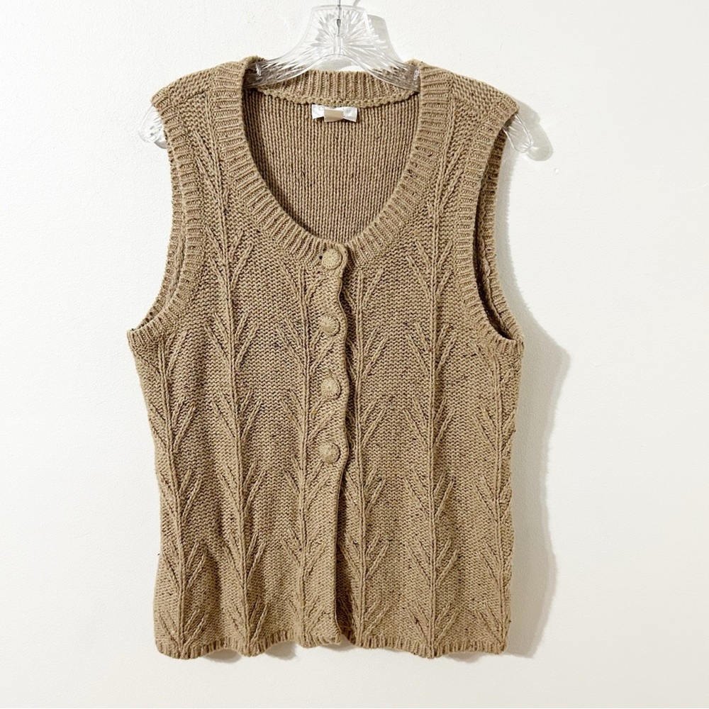 Christopher & Banks Chunkier Knit Cardigan Sweater Vest Partial Button Front Tan